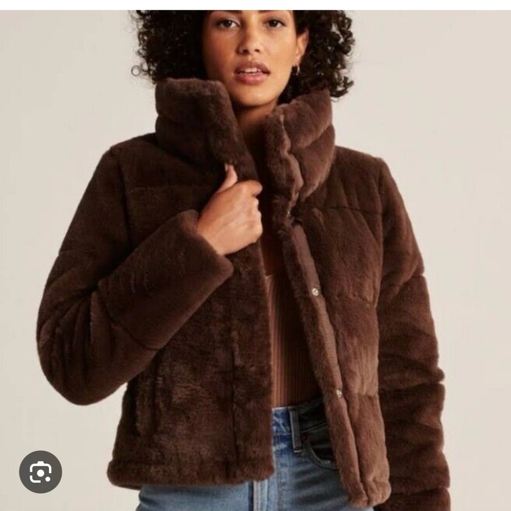 Abercrombie & Fitch Faux Fur Mini Puffer Jacket in Brown